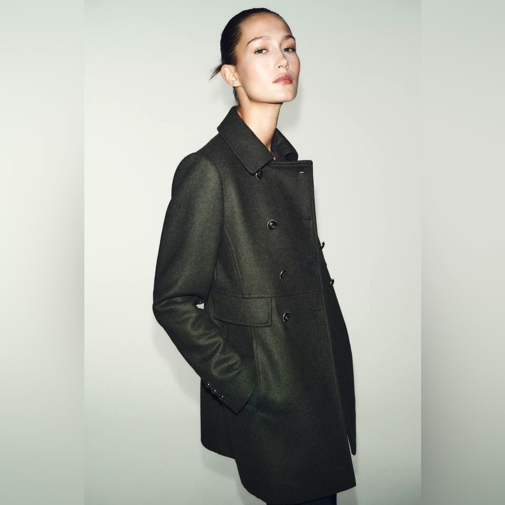ZARA DOUBLE BREASTED KHAKI WOOL BLEND COAT - Picture 6 of 13